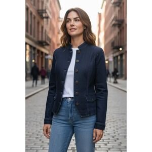 White House Black Market Denim Blue Collarless Button Front Jacket Size 8